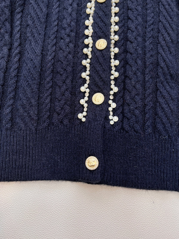 Cardigan Chanel Col Rond Maille Torsadée Bleu Marine en Laine 799529
