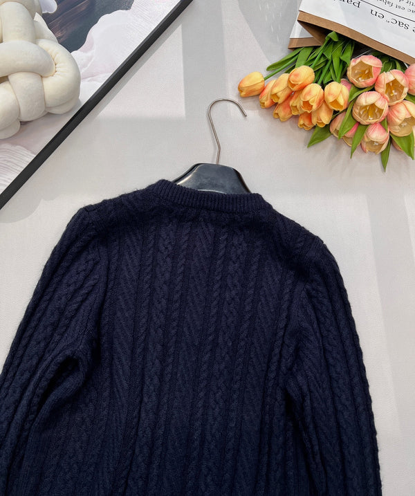 Cardigan Chanel Col Rond Maille Torsadée Bleu Marine en Laine 799529