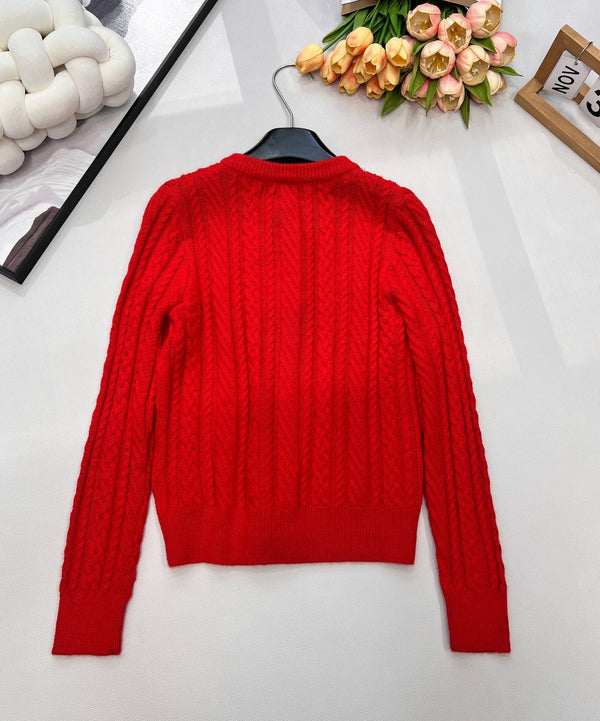 Cardigan ras du cou Chanel en maille torsadée rouge en laine 799524
