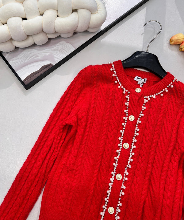 Cardigan ras du cou Chanel en maille torsadée rouge en laine 799524