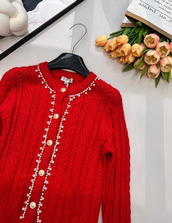 Cardigan ras du cou Chanel en maille torsadée rouge en laine 799524