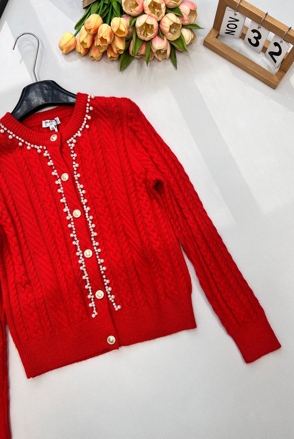 Cardigan ras du cou Chanel en maille torsadée rouge en laine 799524