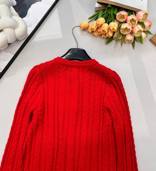 Cardigan ras du cou Chanel en maille torsadée rouge en laine 799524