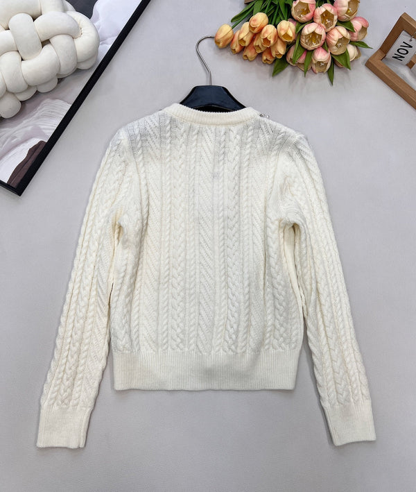 Cardigan col rond en maille torsadée Chanel blanc en laine 799518