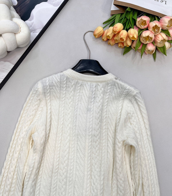 Cardigan col rond en maille torsadée Chanel blanc en laine 799518