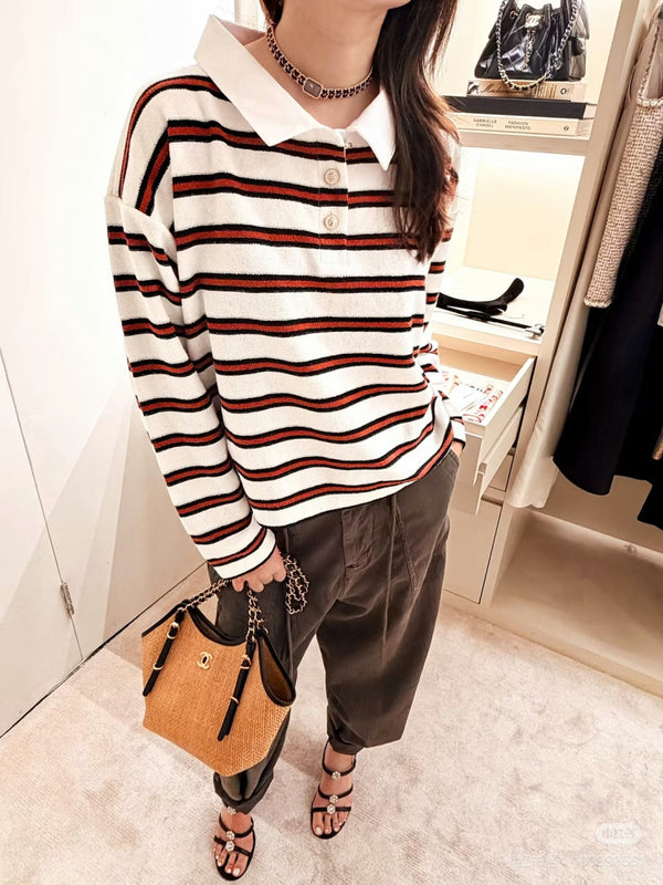 Chanel 26 Polo rayé color-block à col blanc rouge en laine mélangée 799250