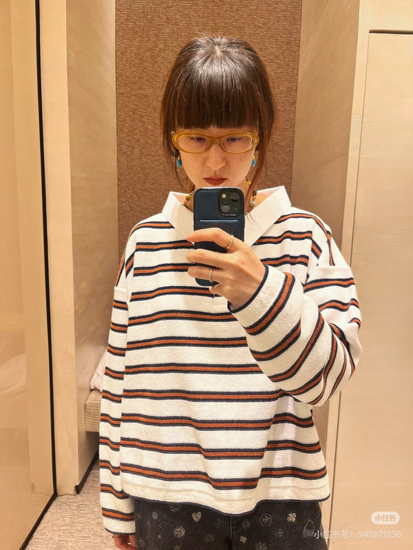 Chanel 26 Polo rayé color-block à col blanc rouge en laine mélangée 799250