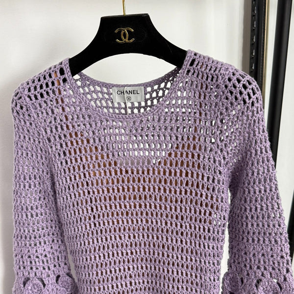 Robe longue évasée à manches longues en maille ajourée Chanel violet cachemire20254806