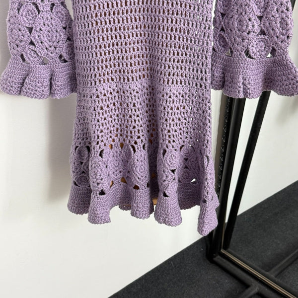 Robe longue évasée à manches longues en maille ajourée Chanel violet cachemire20254806