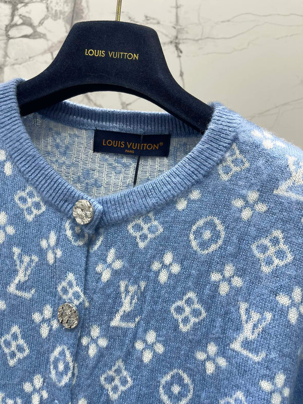 LV Monogram Jacquard All-over Print Blue Cardigan with Monogram Pattern