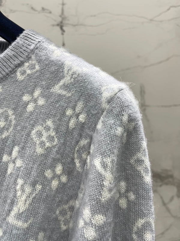 LV Monogram Jacquard All-over Print Gray Cardigan with Monogram Pattern