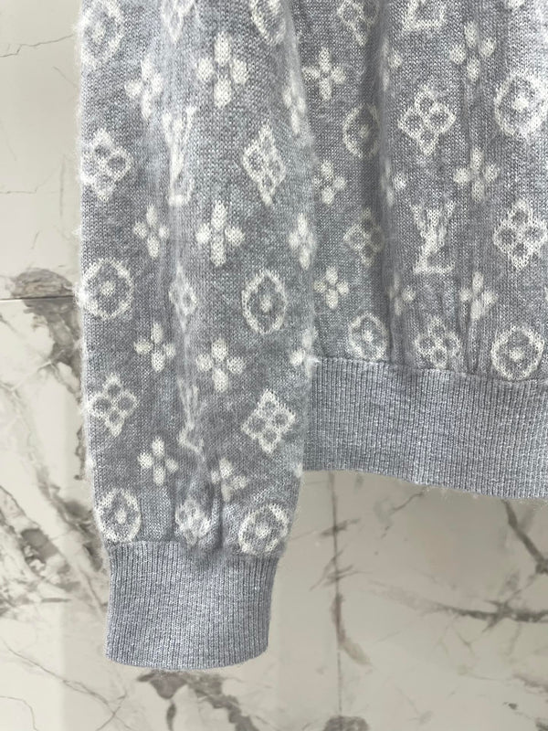 LV Monogram Jacquard All-over Print Gray Cardigan with Monogram Pattern
