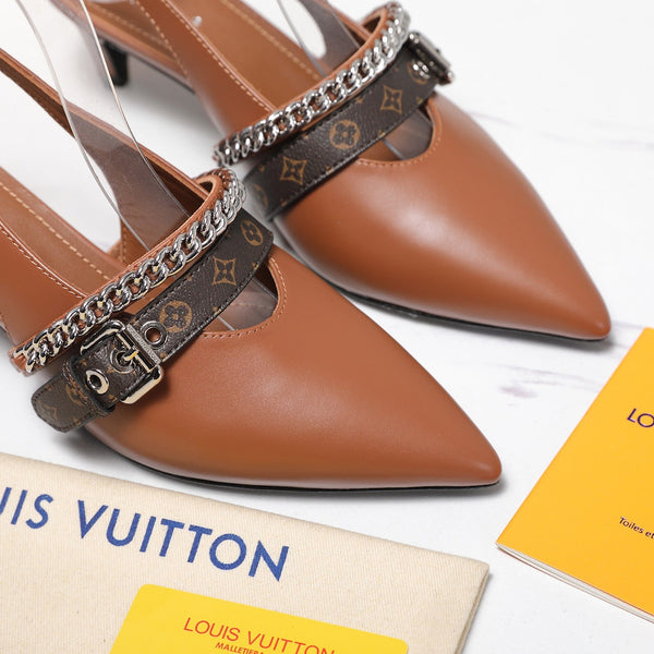LV Vibe Slingback Pumps 55 Brown Glossy Naplak Leather 600670