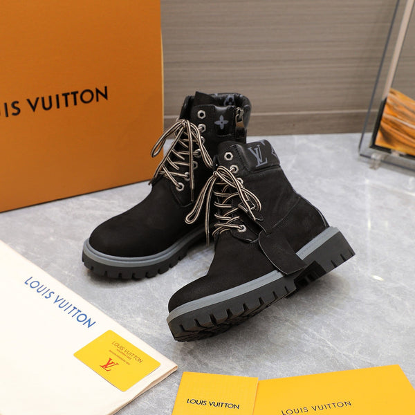 LV x Timberland Collaboration Monogram Black Ankle Boots 35 in Suede Cowhide Leather 600807