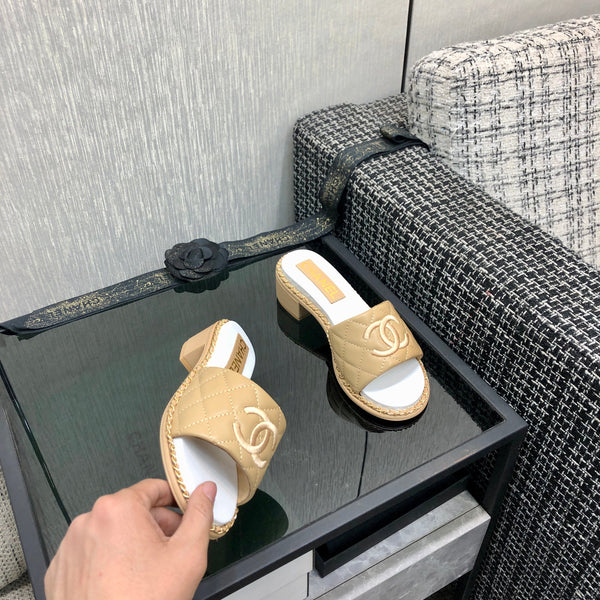 Chanel 26 High-Heeled Chain Slippers Beige in Lambskin 602481