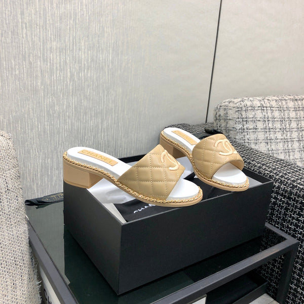 Chanel 26 High-Heeled Chain Slippers Beige in Lambskin 602481