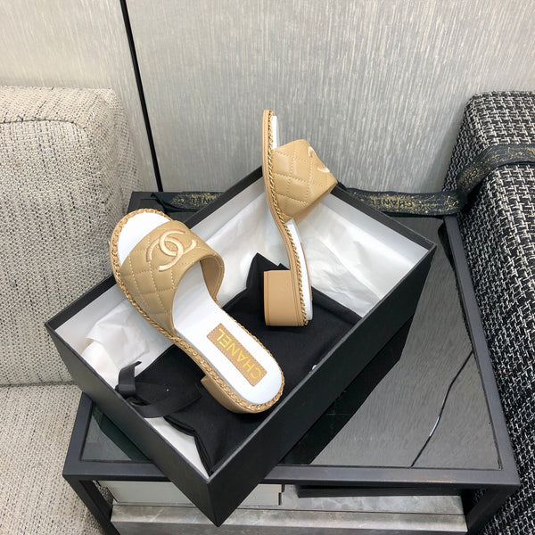 Chanel 26 High-Heeled Chain Slippers Beige in Lambskin 602481