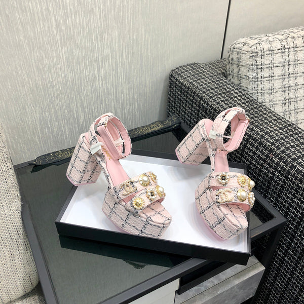Chanel 26 Runway Style High-Heeled Sandals Pink in Tweed Fabric 602480