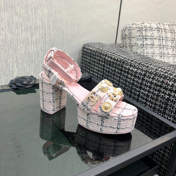 Chanel 26 Runway Style High-Heeled Sandals Pink in Tweed Fabric 602480