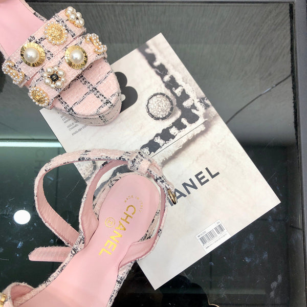 Chanel 26 Runway Style High-Heeled Sandals Pink in Tweed Fabric 602480