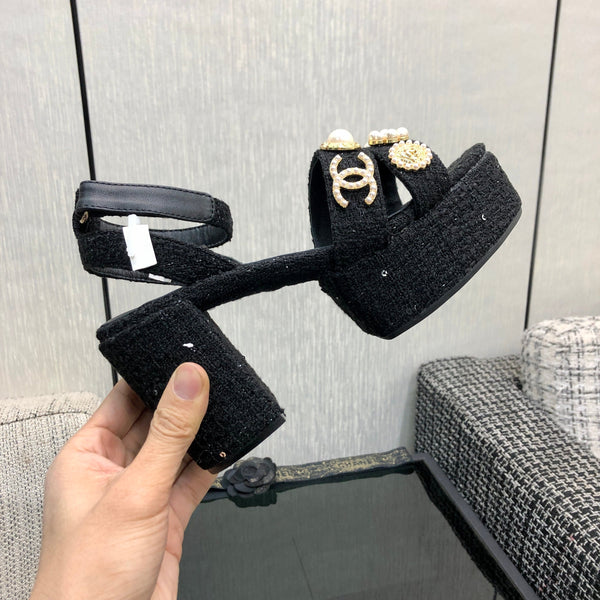 Chanel 26 Runway Style High-Heeled Sandals Black in Tweed Fabric 602477