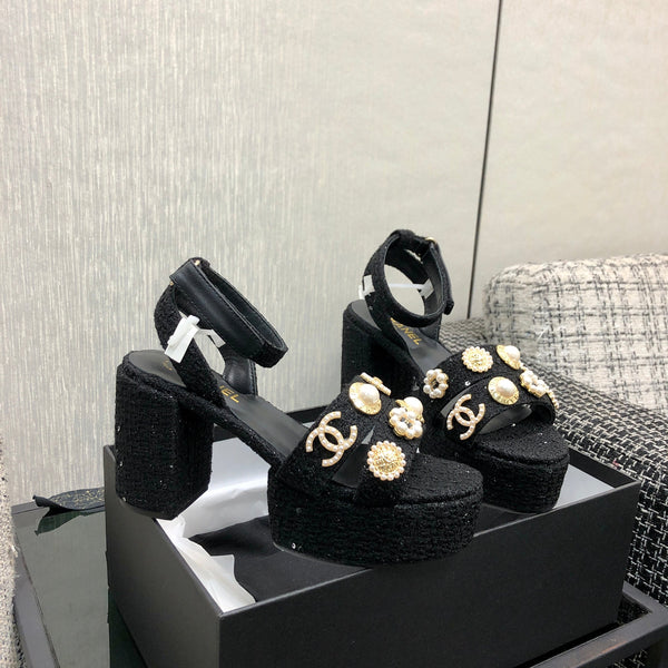 Chanel 26 Runway Style High-Heeled Sandals Black in Tweed Fabric 602477