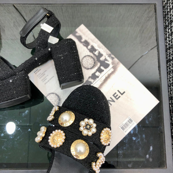 Chanel 26 Runway Style High-Heeled Sandals Black in Tweed Fabric 602477