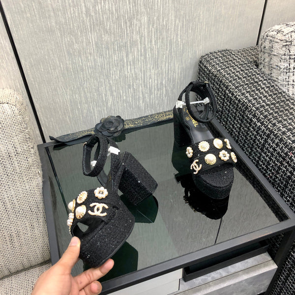 Chanel 26 Runway Style High-Heeled Sandals Black in Tweed Fabric 602477