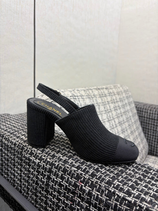 Chanel 26 Classic Chunky Heel Open Back Sandal 95 Black in Suede 602495