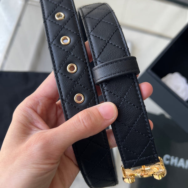 Ceinture Femme CC 3.0CM Cuir de Vachette Noir Boucle Dorée 616605