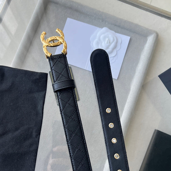 Ceinture Femme CC 3.0CM Cuir de Vachette Noir Boucle Dorée 616605