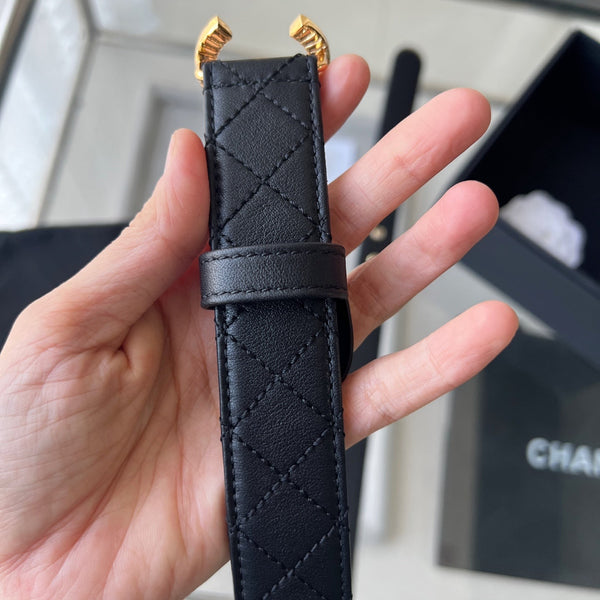 Ceinture Femme CC 3.0CM Cuir de Vachette Noir Boucle Dorée 616605