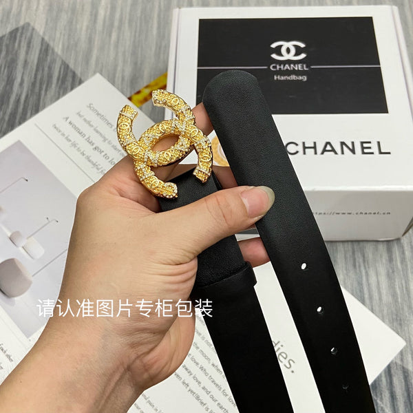 CC Women's Belt 3.0CM Black Cowhide Gold Buckle 586522