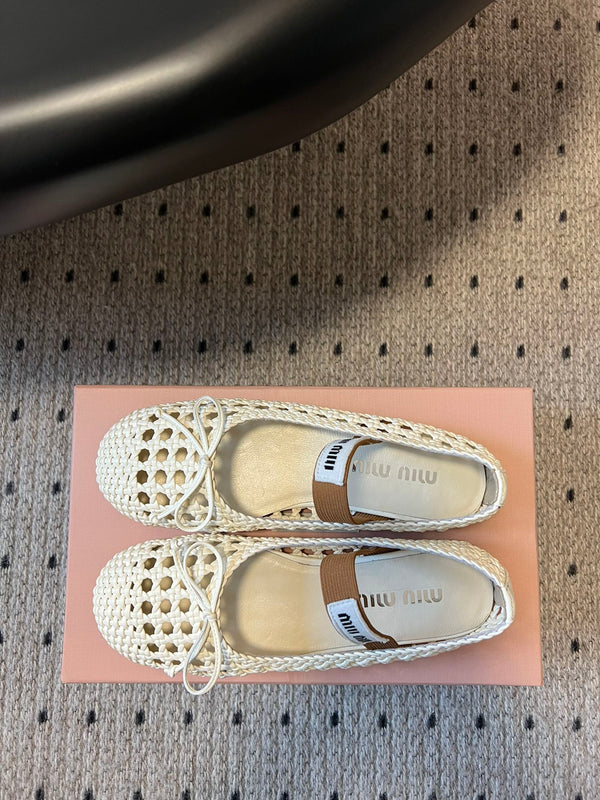 Miu Miu 26SS Ballet Flats White in Sheepskin Leather Woven Mesh 614699