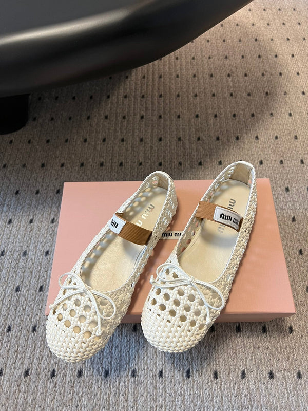 Miu Miu 26SS Ballet Flats White in Sheepskin Leather Woven Mesh 614699