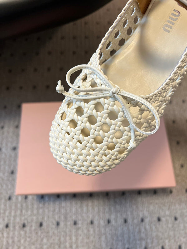 Miu Miu 26SS Ballet Flats White in Sheepskin Leather Woven Mesh 614699