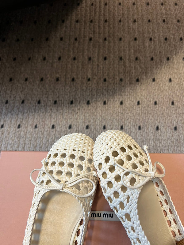 Miu Miu 26SS Ballet Flats White in Sheepskin Leather Woven Mesh 614699