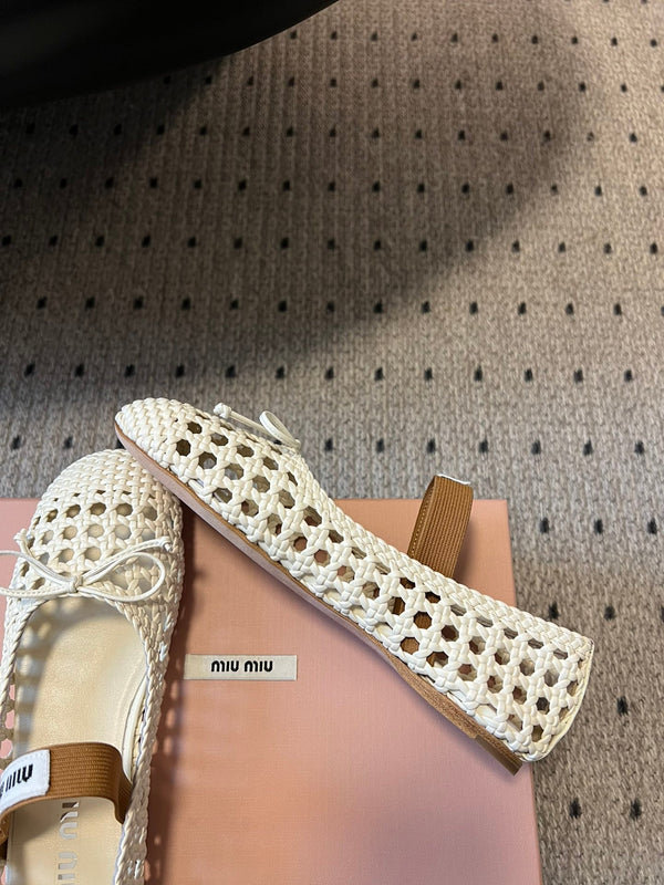 Miu Miu 26SS Ballet Flats White in Sheepskin Leather Woven Mesh 614699