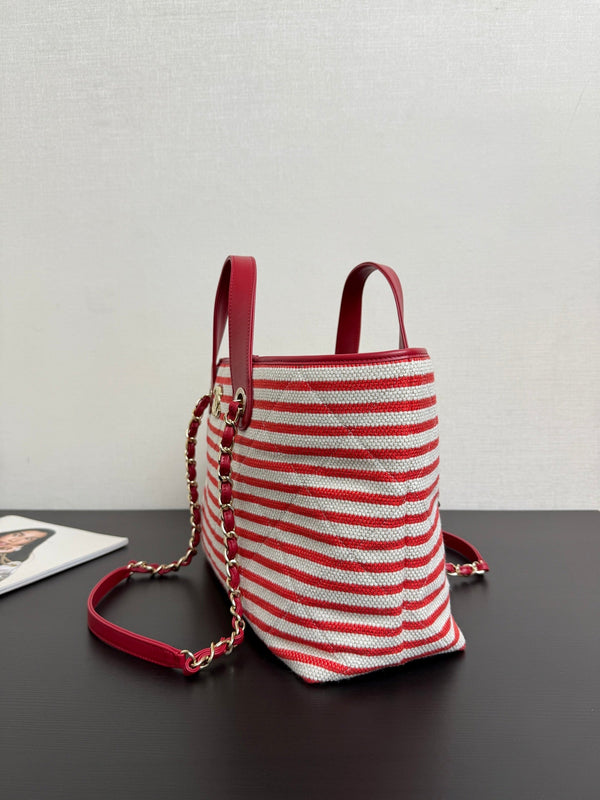 CC 26 Striped Woven Beach Bag 46 Red in Cowhide