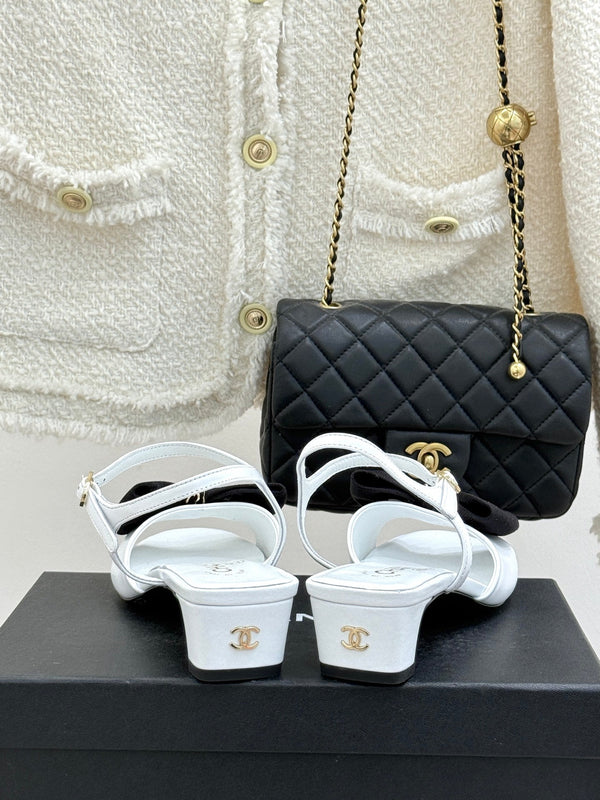 Chanel 26C Chain Bow Chunky Heel Sandals White Black in Cowhide 615990
