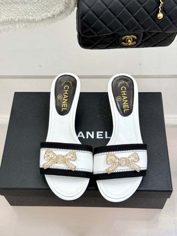 Chanel Classic Rhinestone Double C Bow Kitten Heel Slippers White in Leather 615819