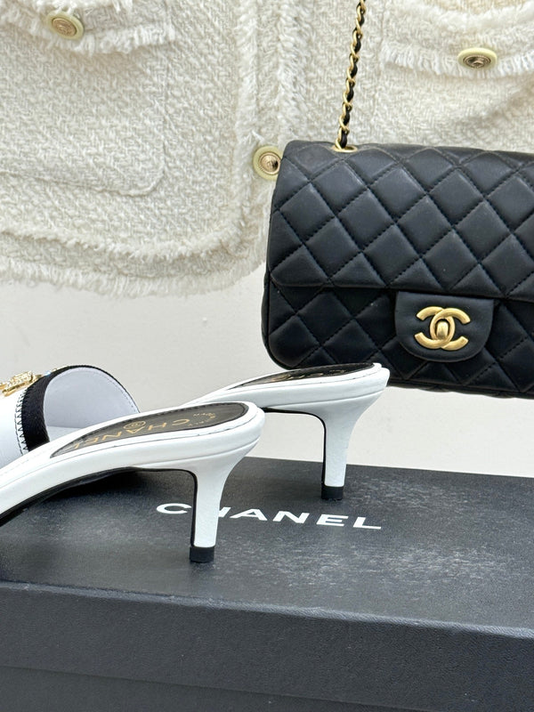 Chanel Classic Rhinestone Double C Bow Kitten Heel Slippers White in Leather 615819