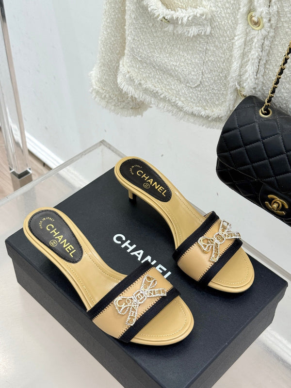 Chanel Classic Rhinestone Double C Bow Kitten Heel Slippers Beige in Leather 615818
