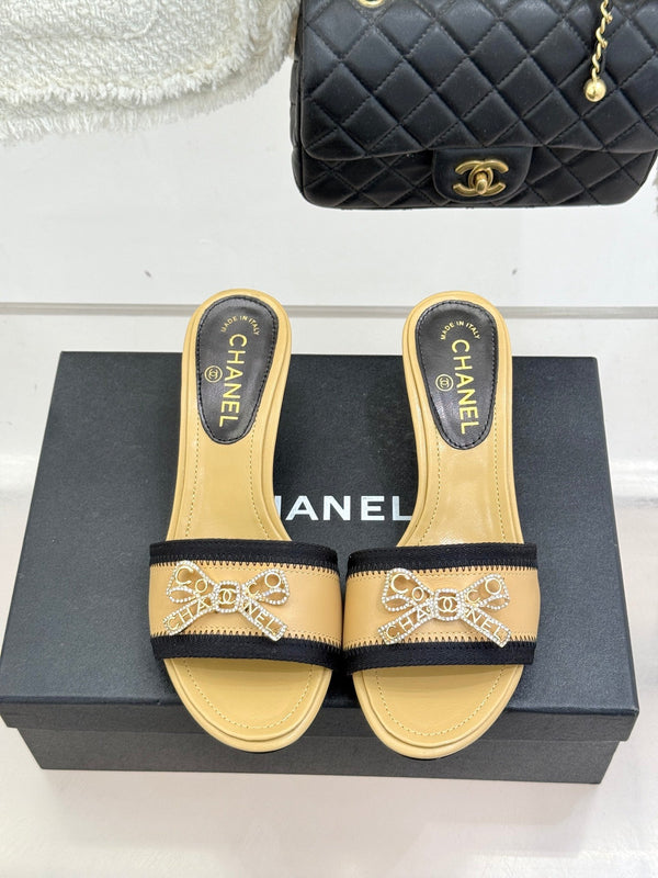 Chanel Classic Rhinestone Double C Bow Kitten Heel Slippers Beige in Leather 615818