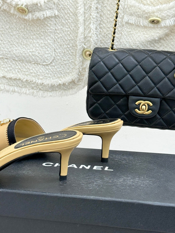 Chanel Classic Rhinestone Double C Bow Kitten Heel Slippers Beige in Leather 615818
