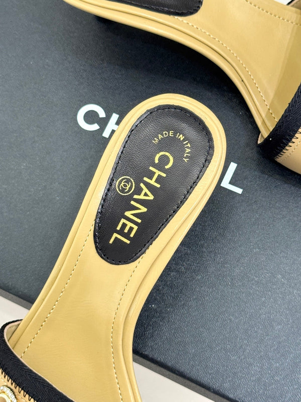 Chanel Classic Rhinestone Double C Bow Kitten Heel Slippers Beige in Leather 615818