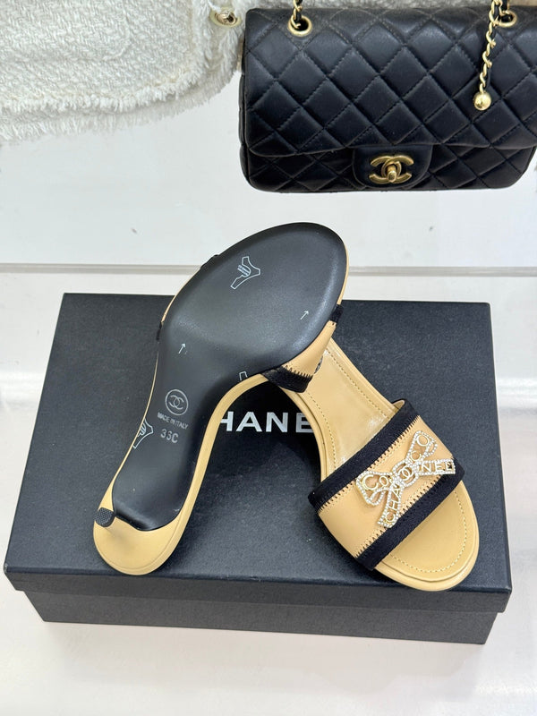 Chanel Classic Rhinestone Double C Bow Kitten Heel Slippers Beige in Leather 615818