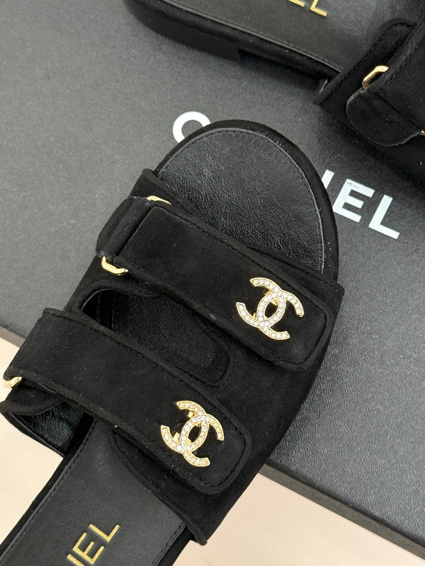 Chanel 26C Double C Backpack Buckle Velcro Slippers Black in Suede 615789