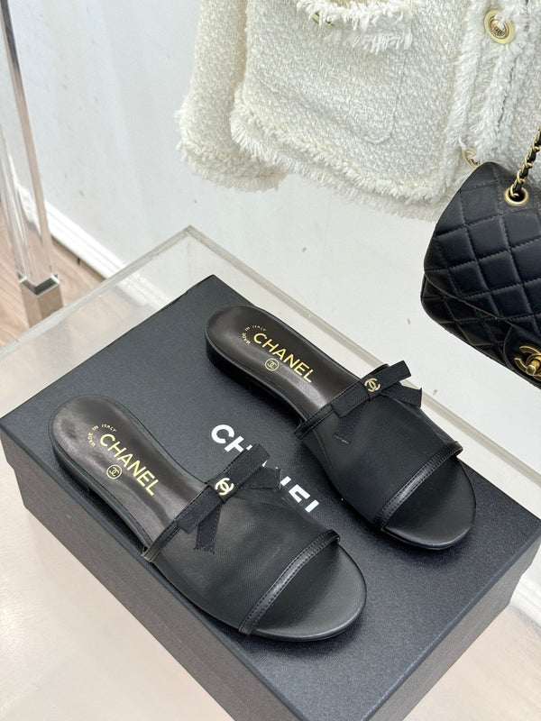 Chanel 26C Double C Bow Slippers Black in Mesh 615711