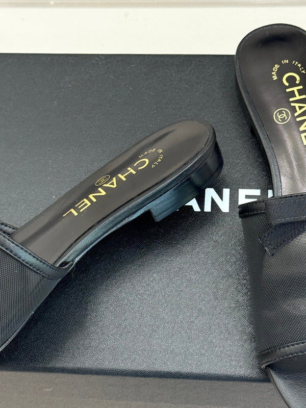 Chanel 26C Double C Bow Slippers Black in Mesh 615711